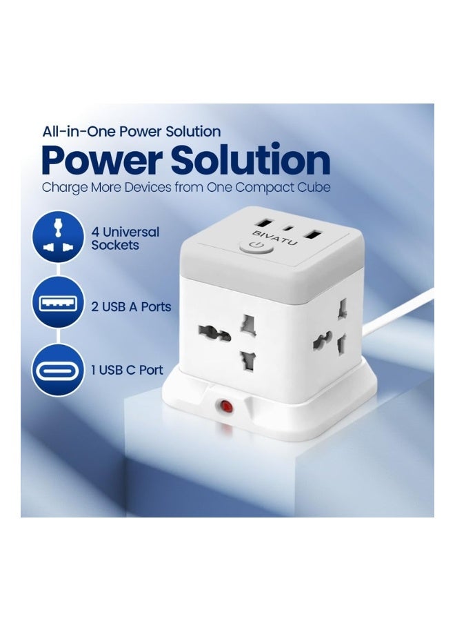 بيفاتو مشترك طاقة عالمي مع USB ونوع C، سلك تمديد مسطح بطول 1.5 متر، 4 منافذ تيار متردد + 2 USB-A + 1 USB-C، حماية من زيادة التيار، تصميم مضغوط للمنزل والمكتب - Image 2